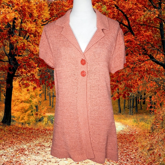 August Silk Salmon Colored Short Sleeve 2 Button Cardigan - Picture 1 of 7